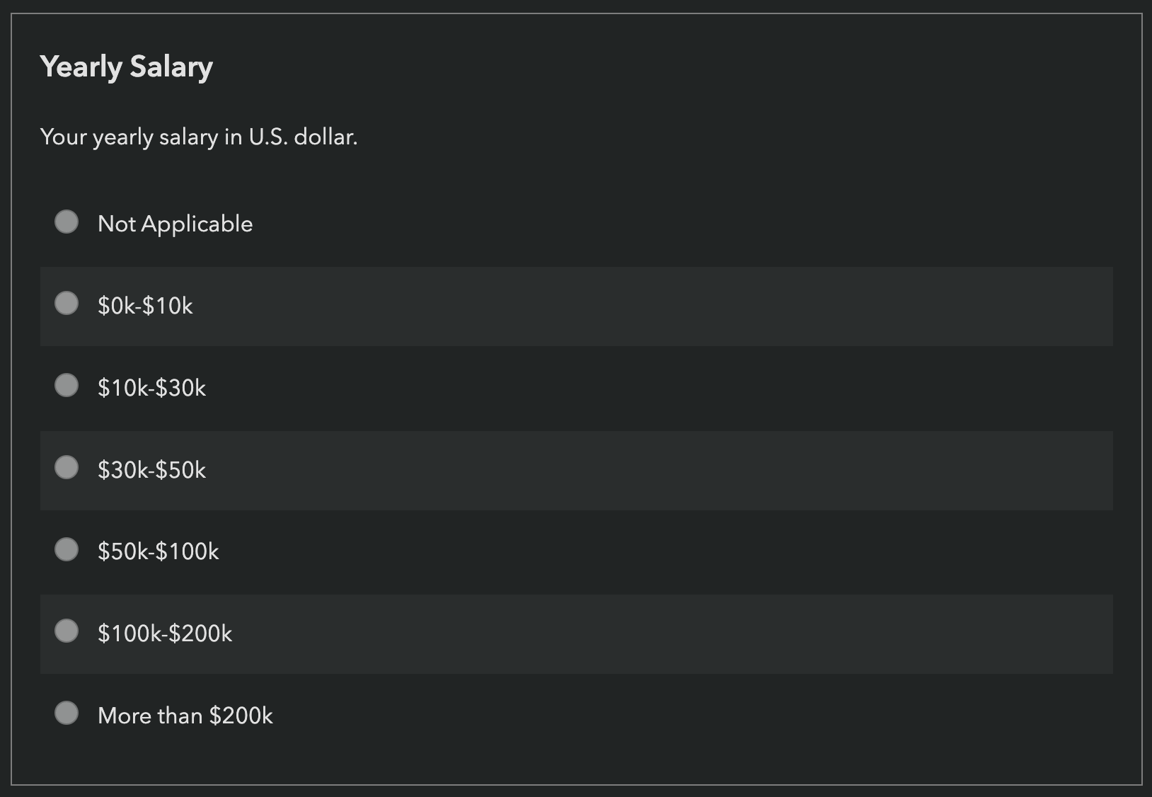 Multiple choice question showing income brackets starting from $0-$10 up to "More than $200k"