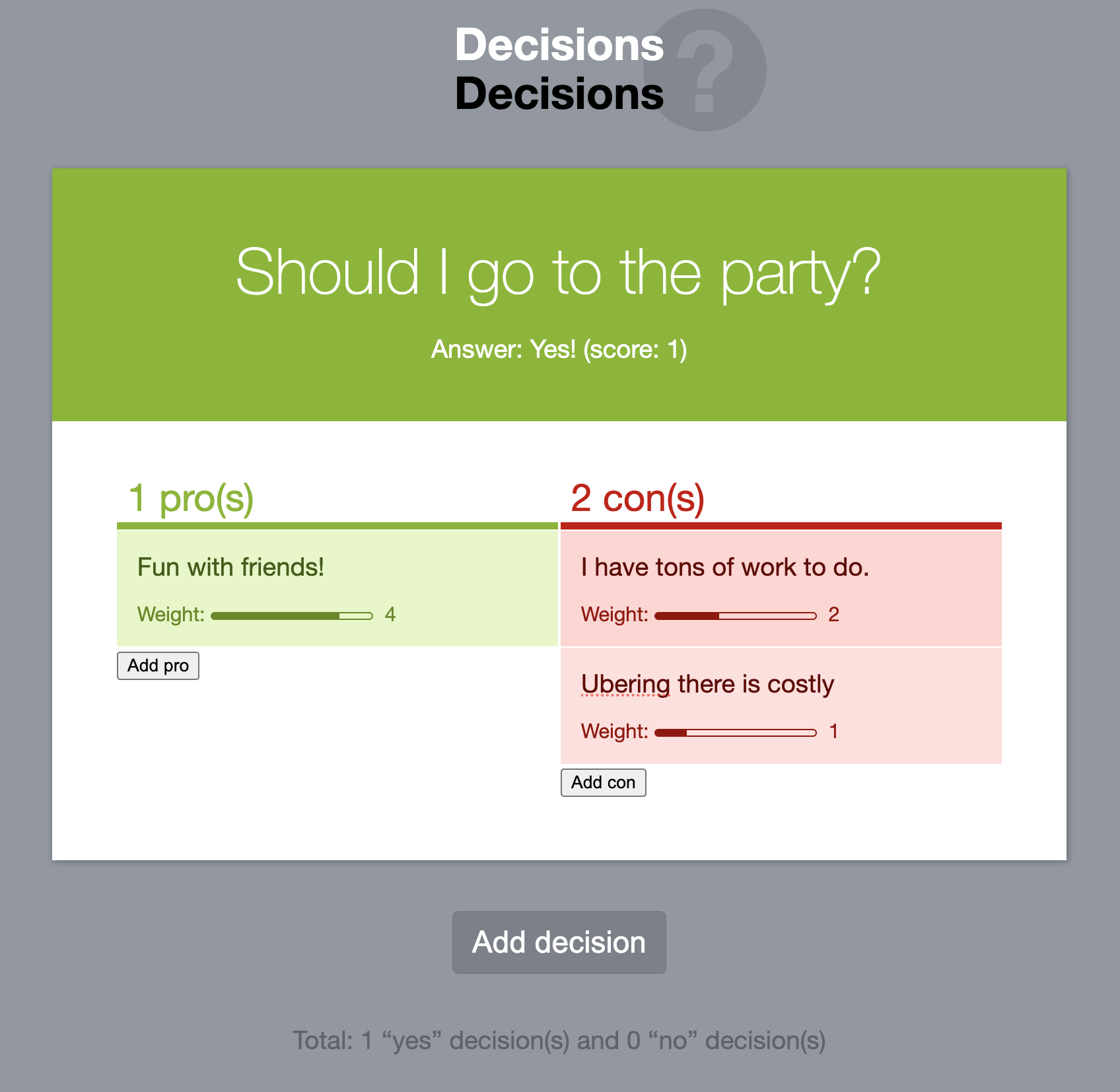 Screenshot of the Decisions Mavo app