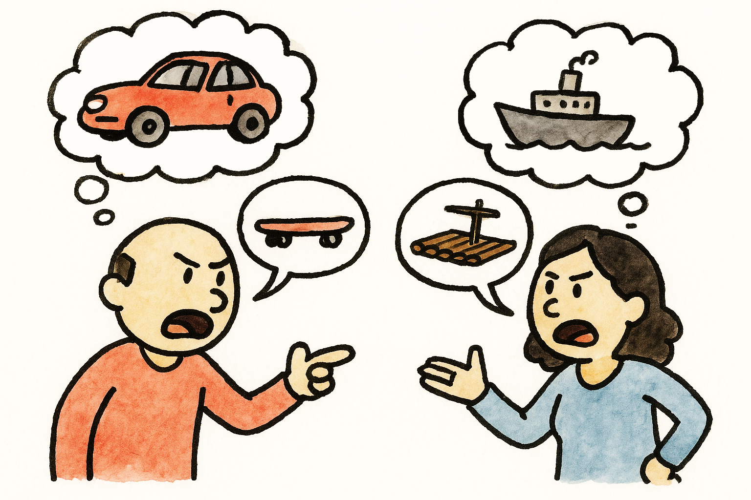 Two people arguing. One has a speech bubble with a skateboard, the other a speech bubble with a wooden raft. The first also has a thought bubble with a car, the second a thought bubble with a ship.