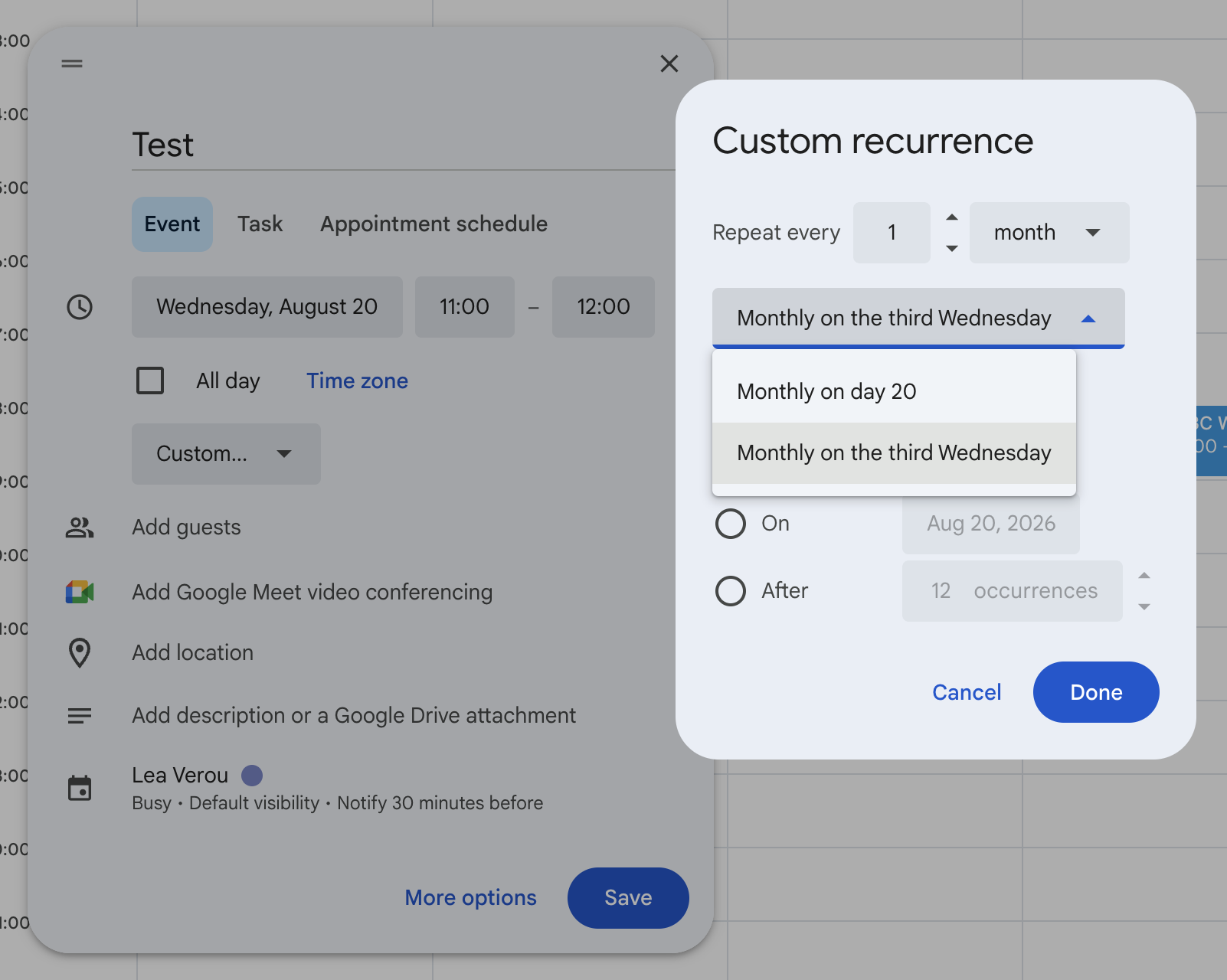 Google Calendar recurring event customization dialog