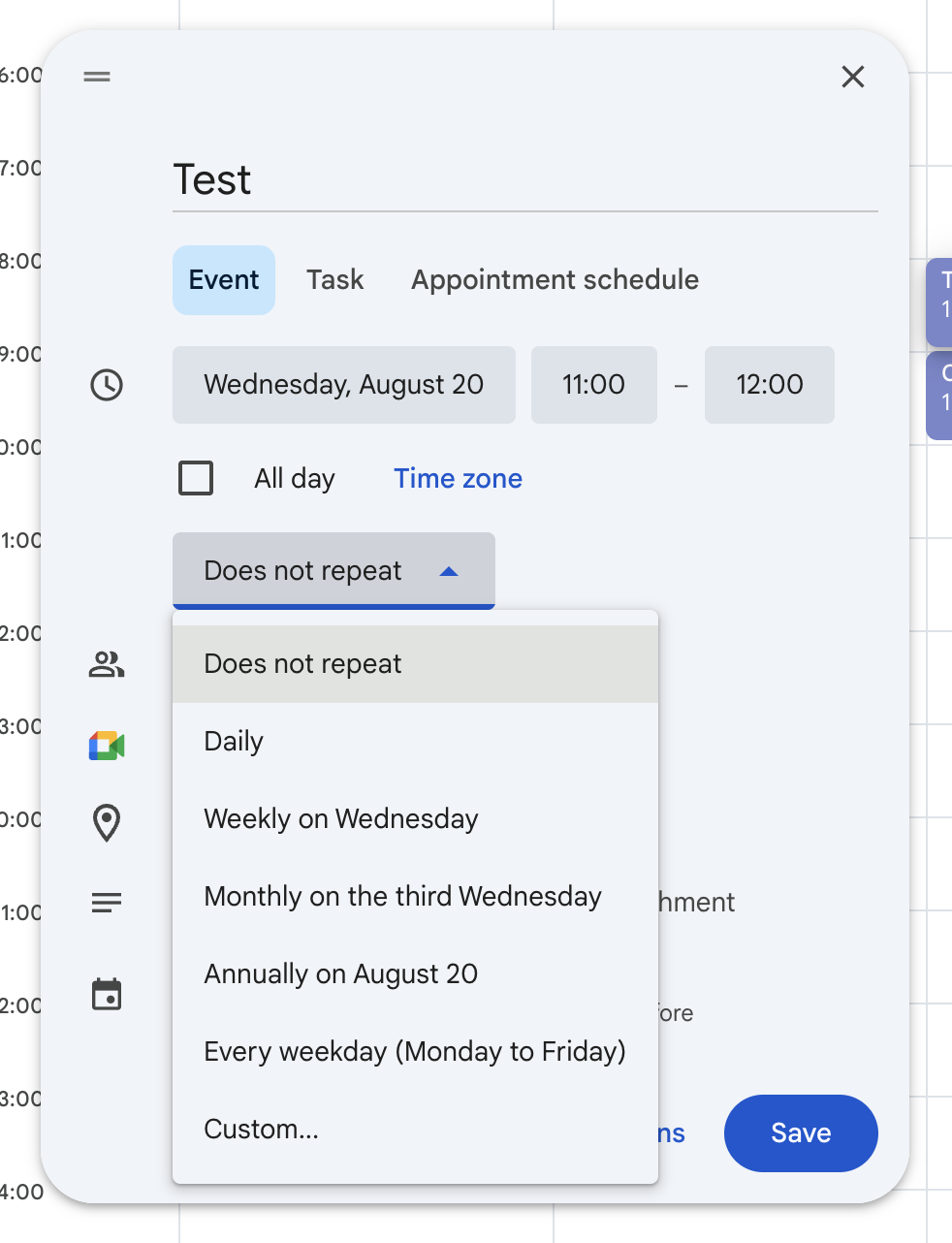 Google Calendar recurring event presets