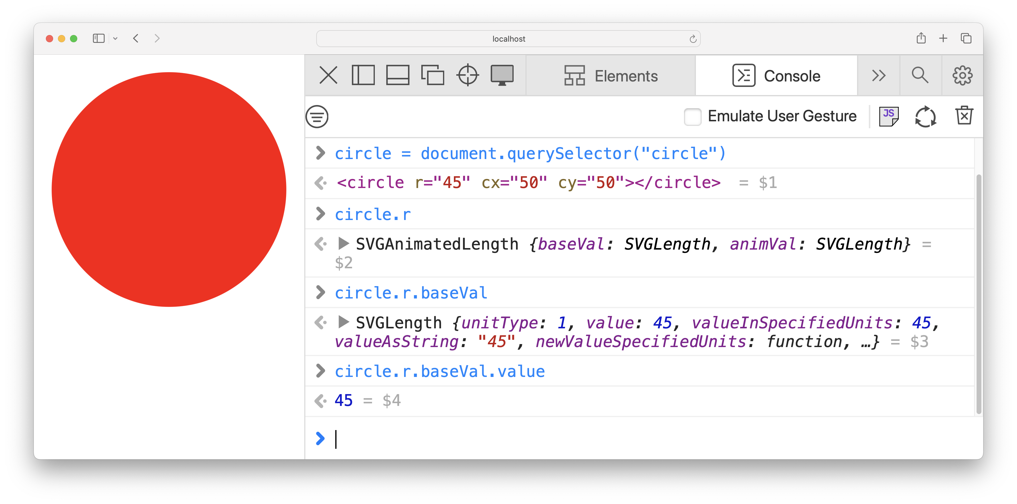 Screenshot of a console showing someone repeatedly trying to read the actual radius of an SVG circle, until eventually they get it right: circle.r.baseVal.value